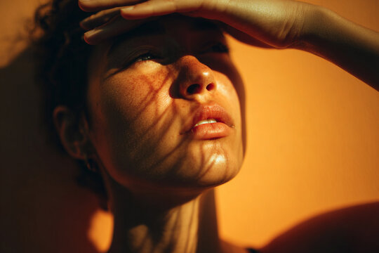 Woman avoiding glare from intense sun