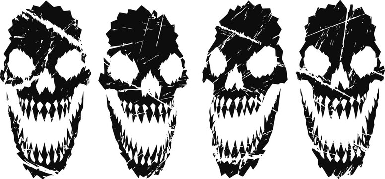 grunge skull faces with shattered cracks and menacing sharp teeth set in black and white