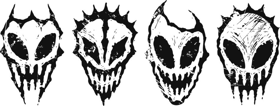 horror skull masks set four creepy sinister faces with dark eye sockets and jagged teeth halloween and gothic theme