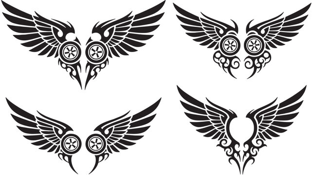 Eagle wing tattoo designs with circular target symbols and tribal ornamental scrollwork in black and white vector style featuring emblem, ornament,