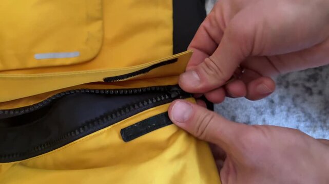 Hands closing zipper on yellow jacket