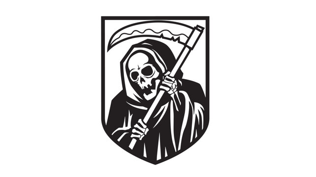 Skull grim reaper character holding a rifle in a premium monochrome vintage emblem illustration featuring skeleton face, gun, weapon with death