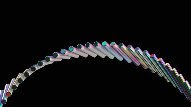 Curved row of iridescent metal cylinders floating in a black void showcasing spectral light refraction and the concept of sequential digital logic and precision