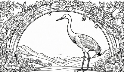 Fototapeta premium Black and white coloring book page, A mini crane stretching in a blossom arch 