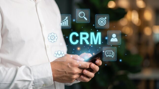 Man in white shirt using smartphone with crm icons and graphs floating above screen in modern office background