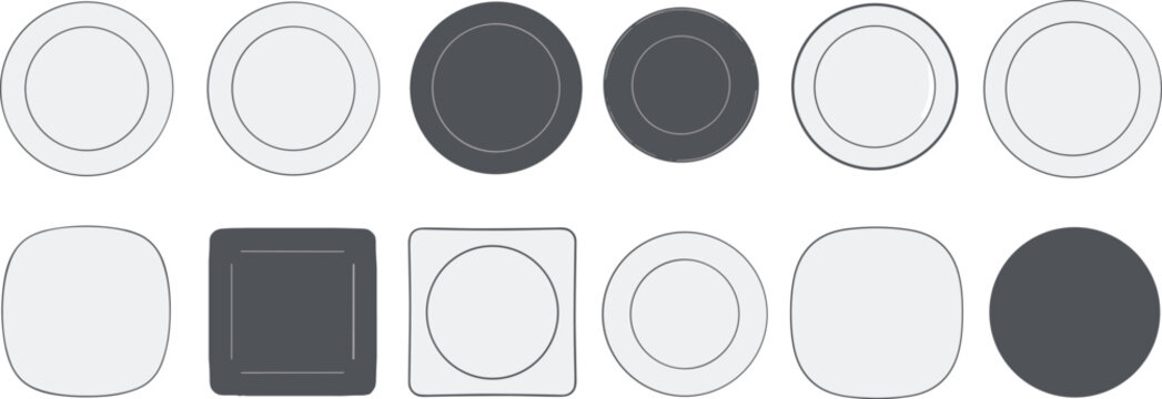 Ceramic Plate Vector Set Featuring Multiple Round Square And Rectangular Dish Designs In White And Grey For Kitchen Dining Tableware And Restaurant Graphic Designs