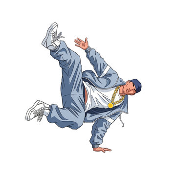 Dynamic breakdancer performing a freeze move in urban hip-hop style