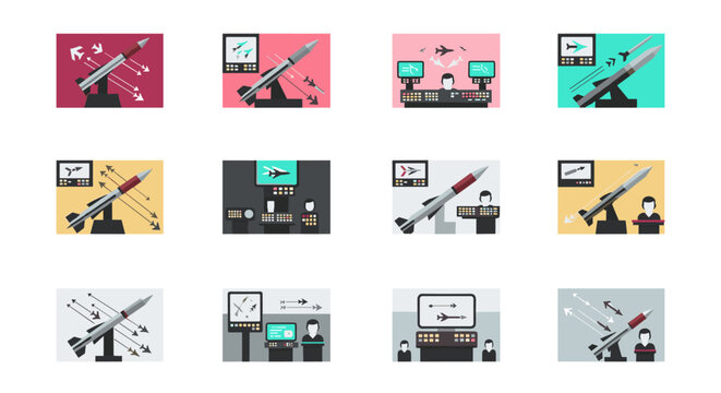 Military defense system concept, showing missiles, radar screens, and control room personnel in a flat, modern style, with a color palette of red, gray, and teal, suitable for