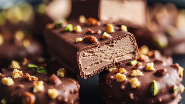 Rich chocolate bar, chopped with nuts and pistachios