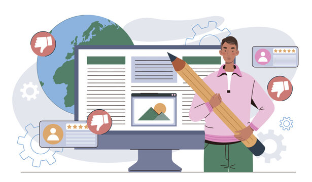 Negative user reviews. Man with pencil near computer and planet. Negative user reviews. Criticism and bullying on Internet, cyberbullying. Flat vector illustration