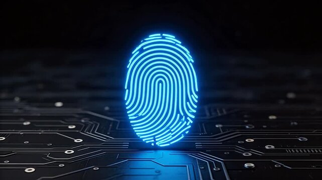 Blue glowing fingerprint on circuit board