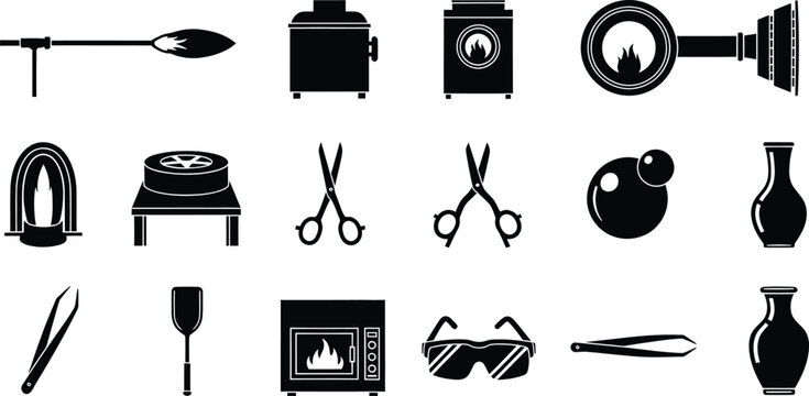 Set of black glass blowing craft icons and tools for making artistic glass objects