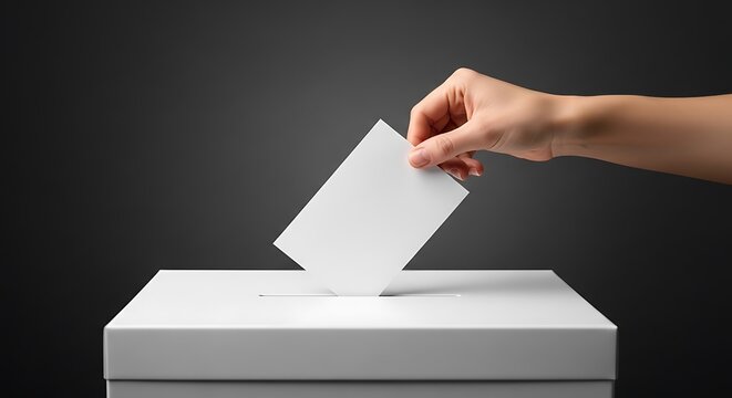 Voter hand putting white ballot paper into box, democratic election concept, person casting vote in ballot box on dark background
