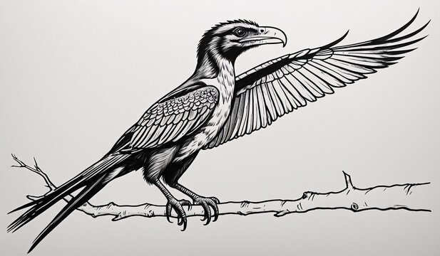 Black and white coloring book page, A Microraptor  