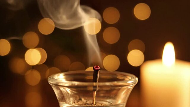 A smoking candle wick in a glass holder with a glowing candle and bokeh lights, representing remembrance and atmosphere