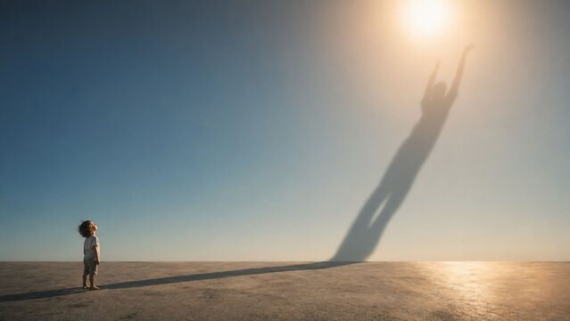 Child looking at shadow under sunlight with copy space