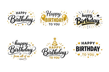 Obraz premium Elegant Happy Birthday typography collection, six golden celebratory greeting designs, festive party wishes isolated PNG with Transparent Background
