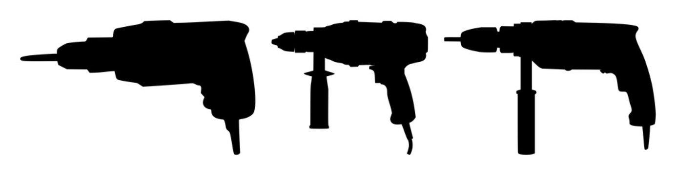 Electric drill set with black silhouette on white background featuring drill, tool, power with wood and metal with mechanical, hardware