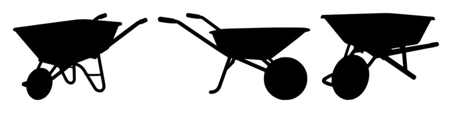 Wheelbarrow set with black silhouette on white background featuring wheelbarrow, silhouette, black and white with transport and gardening