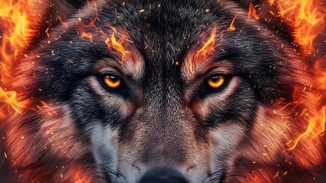Fierce wolf with fiery flames and intense yellow eyes