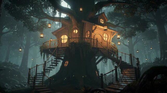 Whimsical treehouse glowing warmly at twilight surrounded by swinging lanterns in magical forest setting