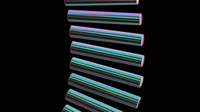 Close up of stacked iridescent metallic cylinders with a spectral glow representing modular technology and organized industrial components in a digital environment