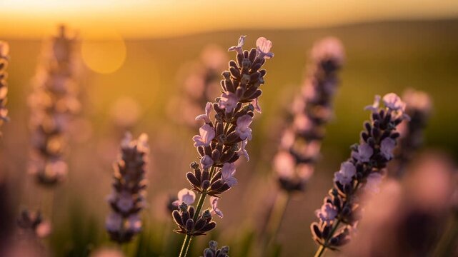 Gentle breeze flowing through a lavender field at sunset with soft purple flowers and warm glowing sky