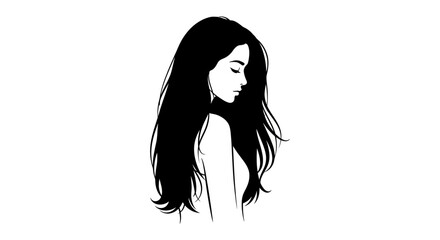 Silhouette of a woman with long flowing hair, looking down, elegant and minimalist illustration © NASIKIN