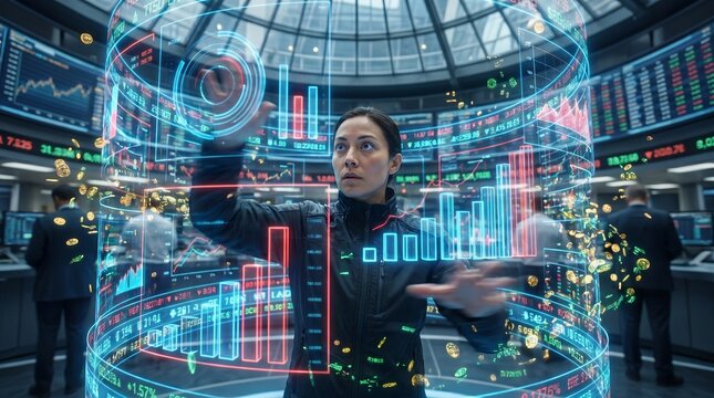 Futuristic Woman Interacting With Holographic Stock Market Data Display