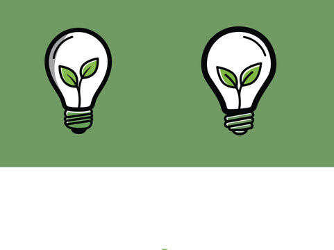 Eco-Friendly Innovation Concept: Two Light Bulbs with Green Sprouting Leaves on Sage Green Background