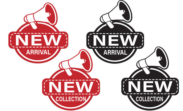 New Arrival and New Collection Promotion Badge Set  in Red and Black Marketing Megaphone Icons for Retail Sales, E-commerce Store Announcements, Product Launch Labels, and Discount Advertising