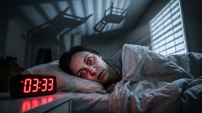 Awake at 333 AM, a distressed woman struggles with severe insomnia and anxiety in her dark bedroom