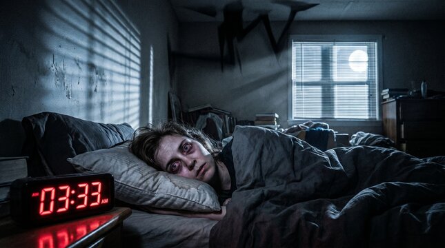 Disturbed woman battling insomnia in a dark, moonlit room with a lurking shadow creature
