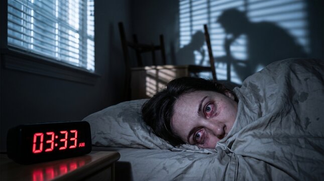 A woman's tormented gaze at 333 AM, battling severe insomnia and overwhelming nighttime anxiety