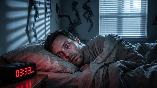 Man lying awake in bed at 333 AM with anxious eyes