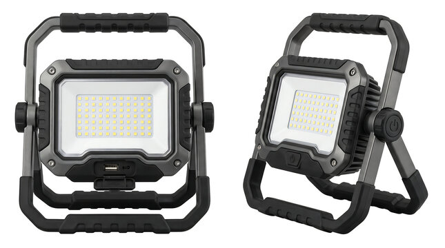 Portable LED Rechargeable Work Light and Outdoor Floodlight for Construction and Camping. Rugged Emergency Lamp with USB Charging Port for Workshop DIY and Car Repair, Isolated on White.