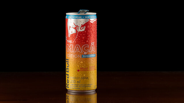 S&atilde;o Paulo, Brazil - April 24, 2026: Red Bull Apple Edition energy drink can