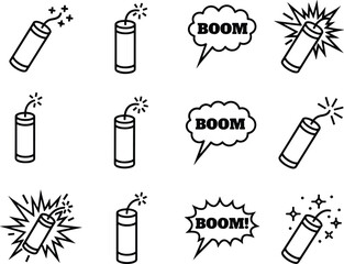 Dynamite sticks and boom speech bubbles collection black and white explosive icons set for comic pop art design © NUR