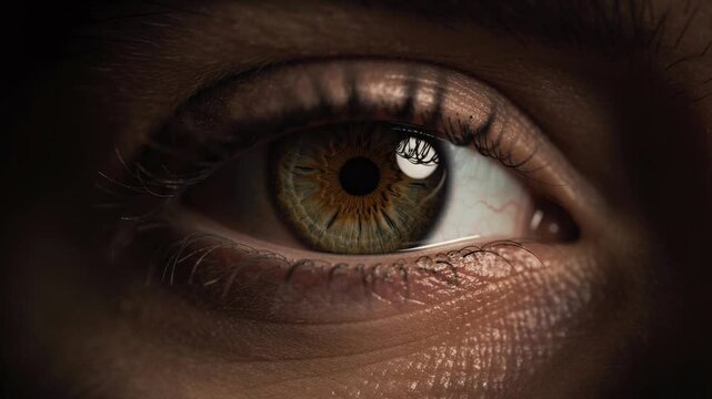 Close up of a human eye slowly blinking showing detailed iris patterns and natural eye texture