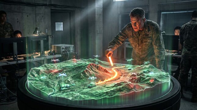 Military strategists plan future operations using advanced 3D holographic tactical map display