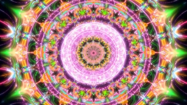 Mesmerizing kaleidoscopic mandala pulsing and shifting in vibrant neon greens colorful abstract animation