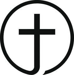 Obraz premium Christian cross icon inside circle, religious faith symbol, black church crucifix logo, spiritual grace sign, holy worship element, sacred gospel graphic for minimalist design, prayer emblem