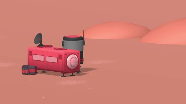 Miniature sci-fi base located on a red desert planet featuring a modular pink living unit and communication equipment against rolling hills in a wide shot