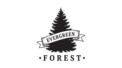 Evergreen forest logo emblem with ribbon banner and premium fortress style typography for branding and outdoor adventure © Farjana