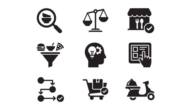 Online food ordering and restaurant delivery icons with e commerce, ordering