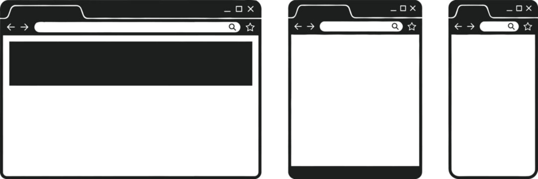 Browser, window, set, desktop, tablet, mobile, responsive, web, interface, design, layout, mockup, screen, frame, application, internet, site, template, illustration