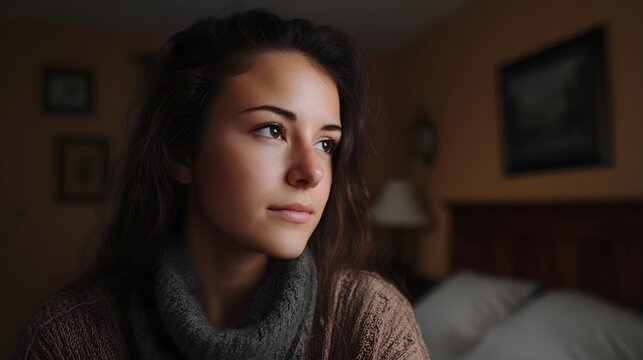 A young woman with soft lighting and a pensive expression resting in a cozy bedroom setting