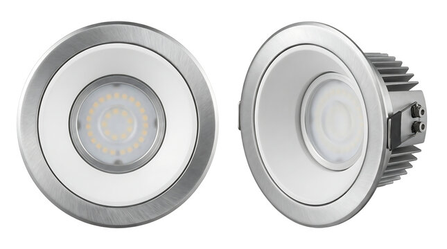 Modern brushed metal LED recessed downlight fixtures isolated on white. Industrial architectural lighting components for interior design and home renovation product marketing.