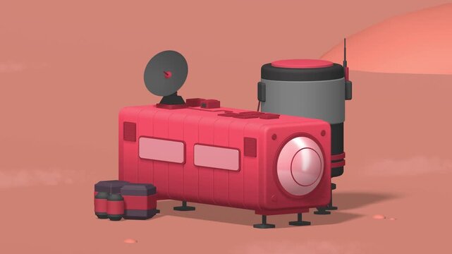 Close up of a stylized pink planetary rover or research laboratory on a dusty red landscape with large satellite receiver and storage containers