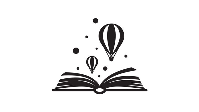 Book logo icon with floating hot air balloons and spark dots, premium minimalist vector style on white background featuring reading, education,